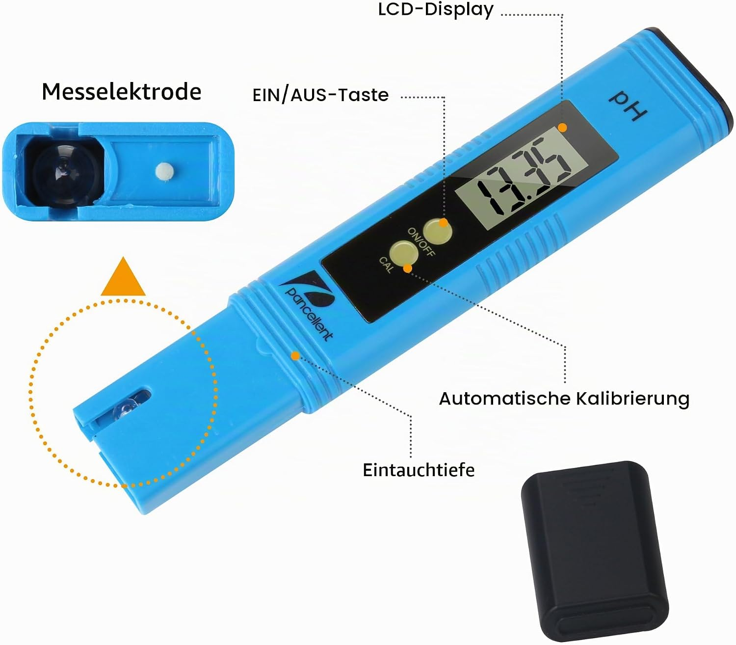 Ein blauer pH-Meter mit LCD-Display, Messlektrode, Ein/Aus-Taste und automatischer Kalibrierung sowie Schutzkappe.