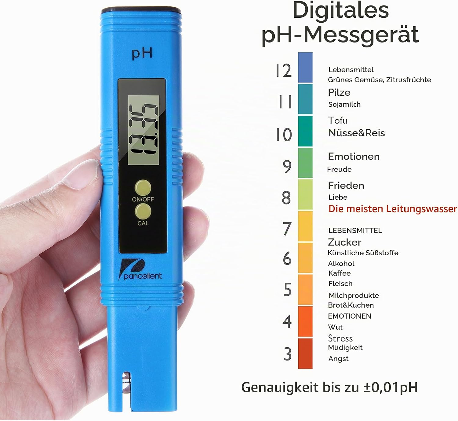 Hand hält blaues digitales pH-Messgerät neben einer Farbskala.
