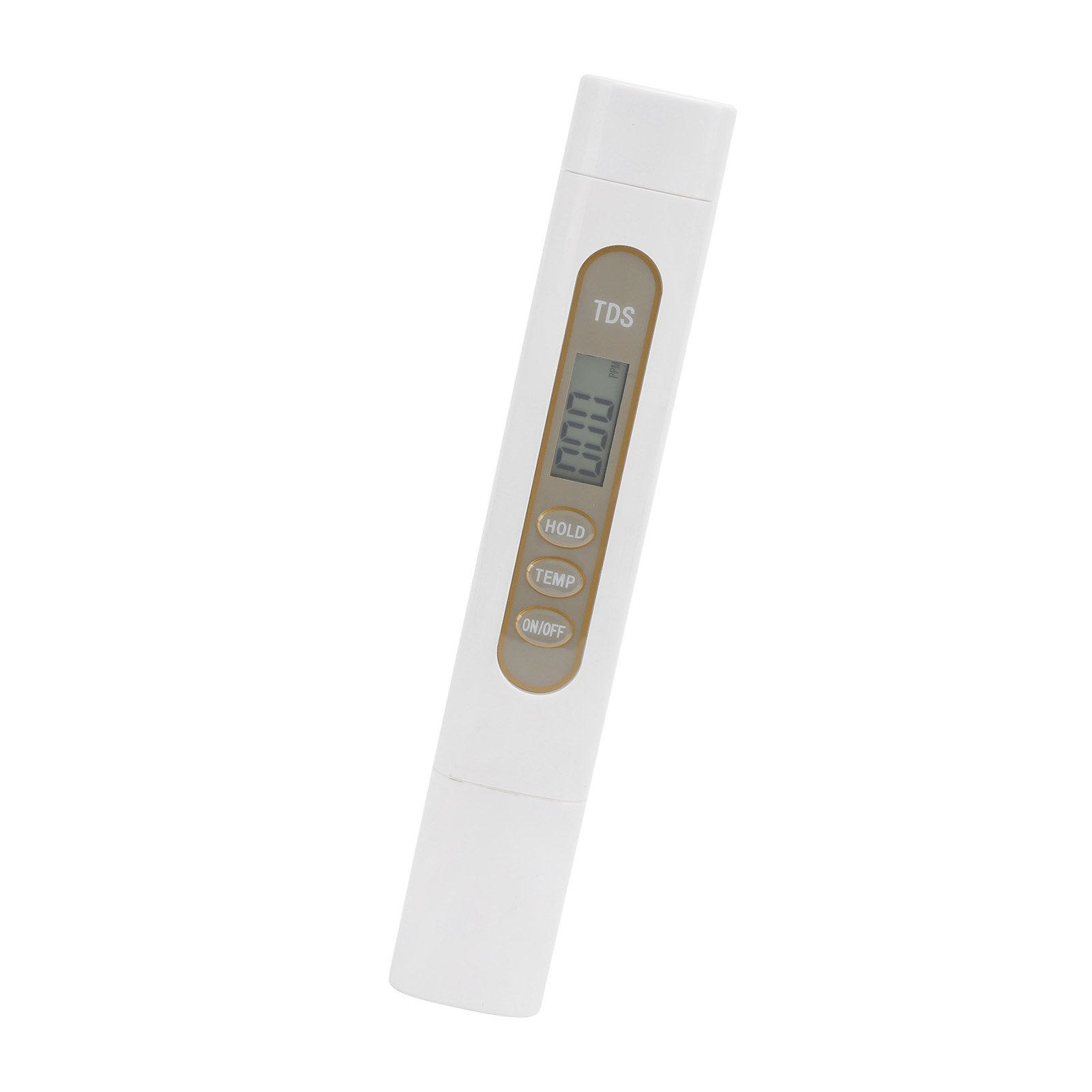 Ein weißer digitaler TDS-Messstift mit LCD-Bildschirm und drei Tasten auf weißem Hintergrund.
