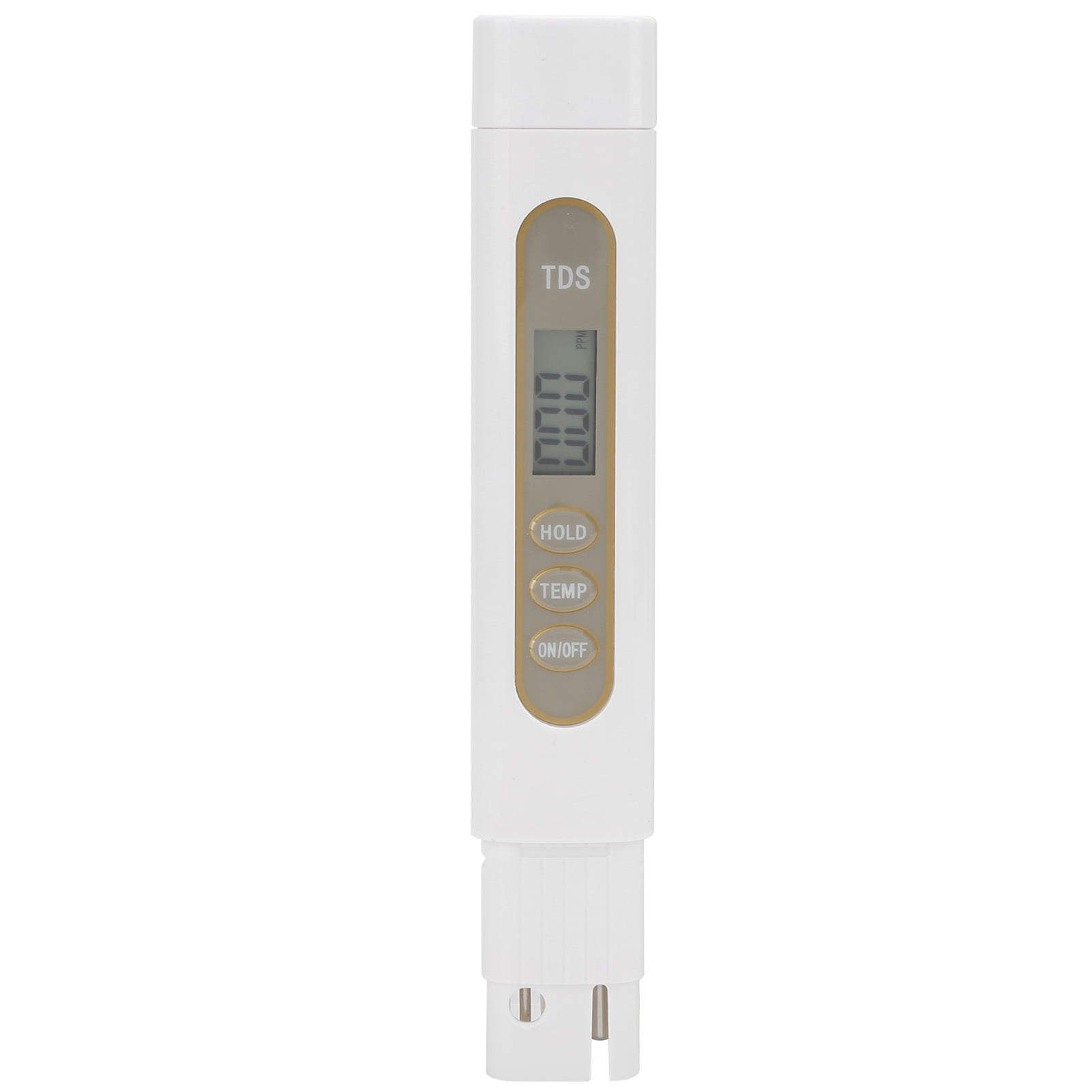 Ein weißes TDS-Messgerät mit digitalem Display und drei grauen Knöpfen für Hold, Temp und Ein/Aus auf weißem Grund.