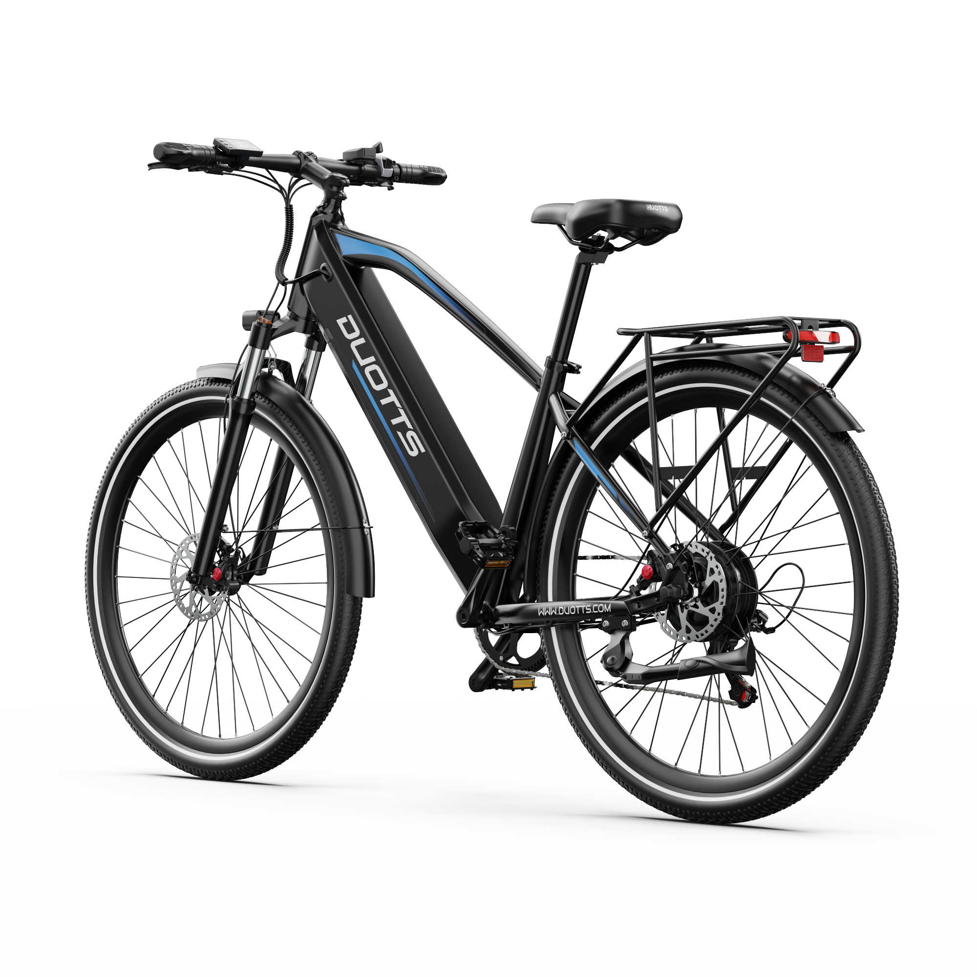 Ein schwarzes DUOTTS Elektrofahrrad mit Gepäckträger auf weißem Hintergrund.