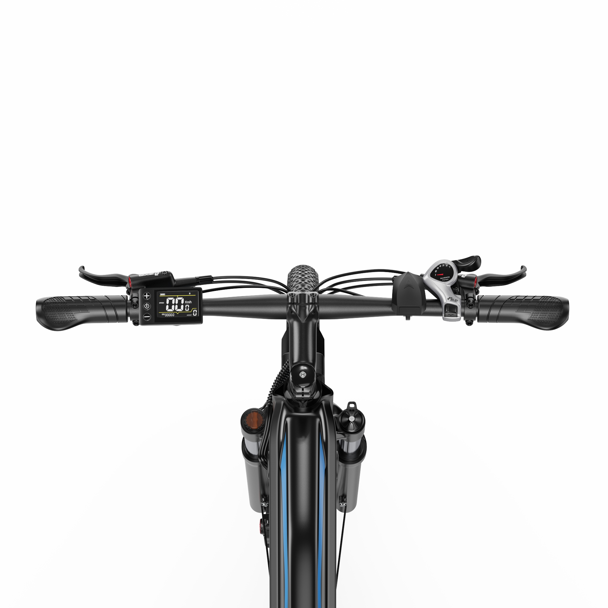 E-Bike Lenker von oben mit Display, Bremshebeln und Schaltung vor weißem Hintergrund.