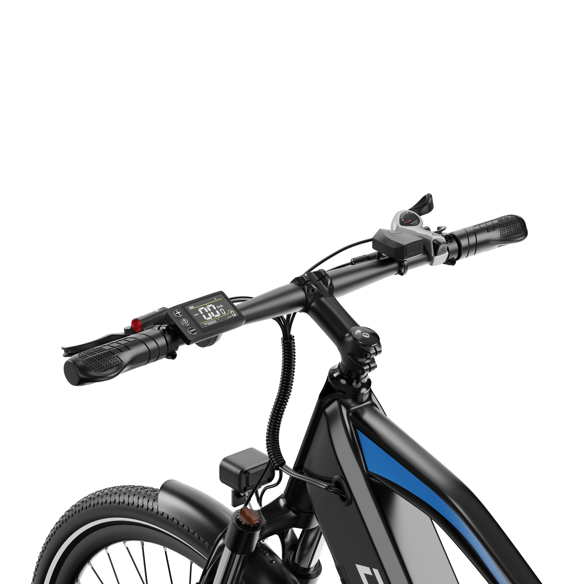 Lenker eines schwarzen E-Bikes mit digitalem Display, Bremsen und Getriebe auf weißem Hintergrund.
