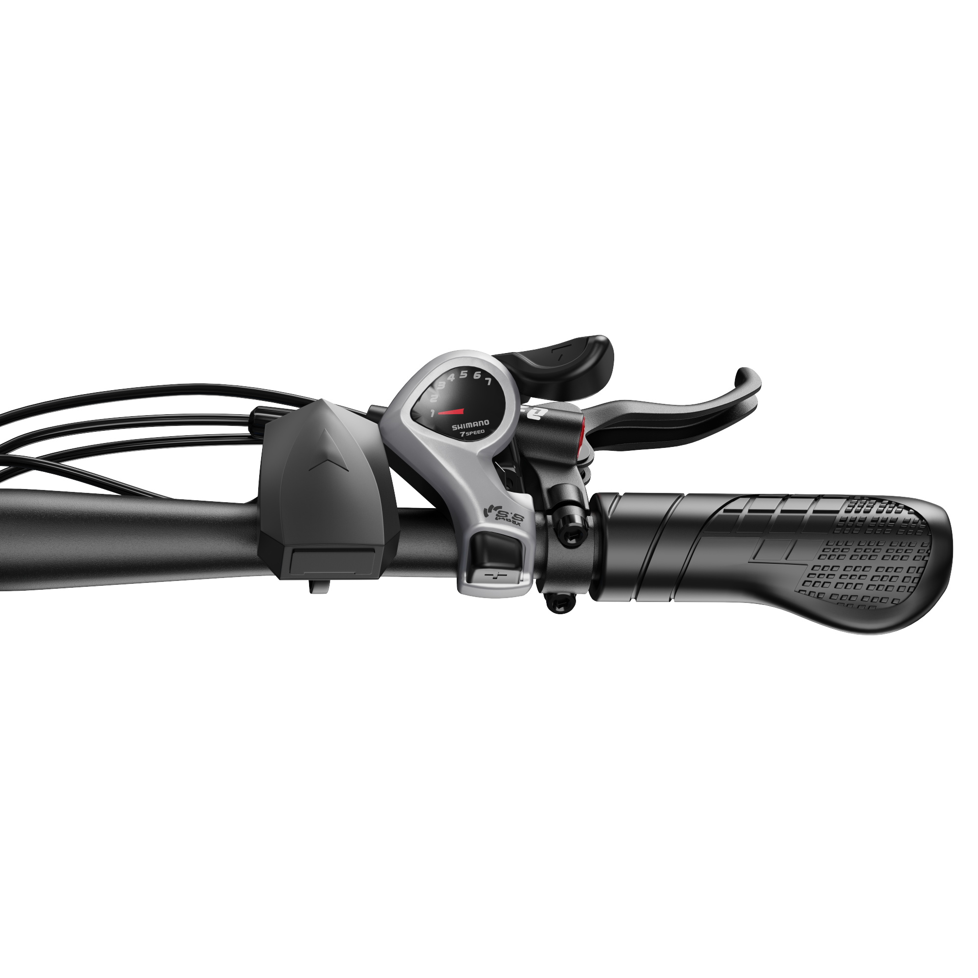 Nahaufnahme eines schwarzen Fahrradlenkers mit Schalthebel, Bremse und ergonomischem Griff auf weißem Hintergrund.