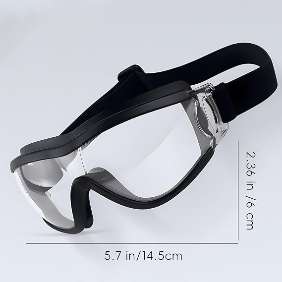 Schwarze Schutzbrille mit klarem Visier und verstellbarem Band, Maße: 14,5 x 6 cm.