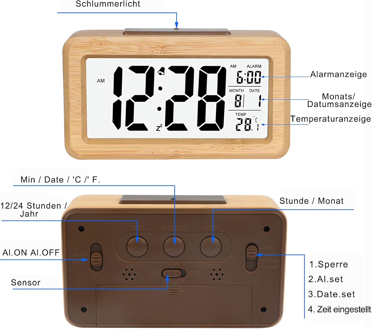 Holzfarbener Digitalwecker mit Display und beschrifteten Tasten auf der Rückseite.