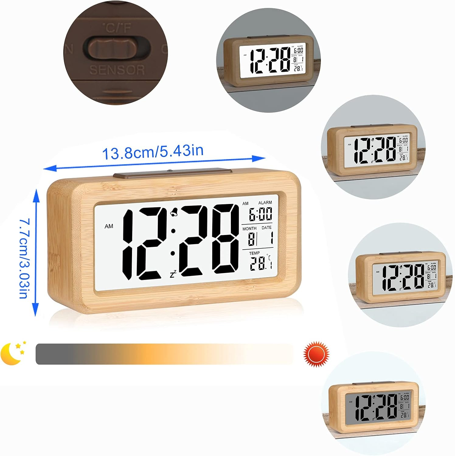 Holzfarbener Wecker mit digitalem LCD-Display und Abmessungen sowie Funktionsansichten.