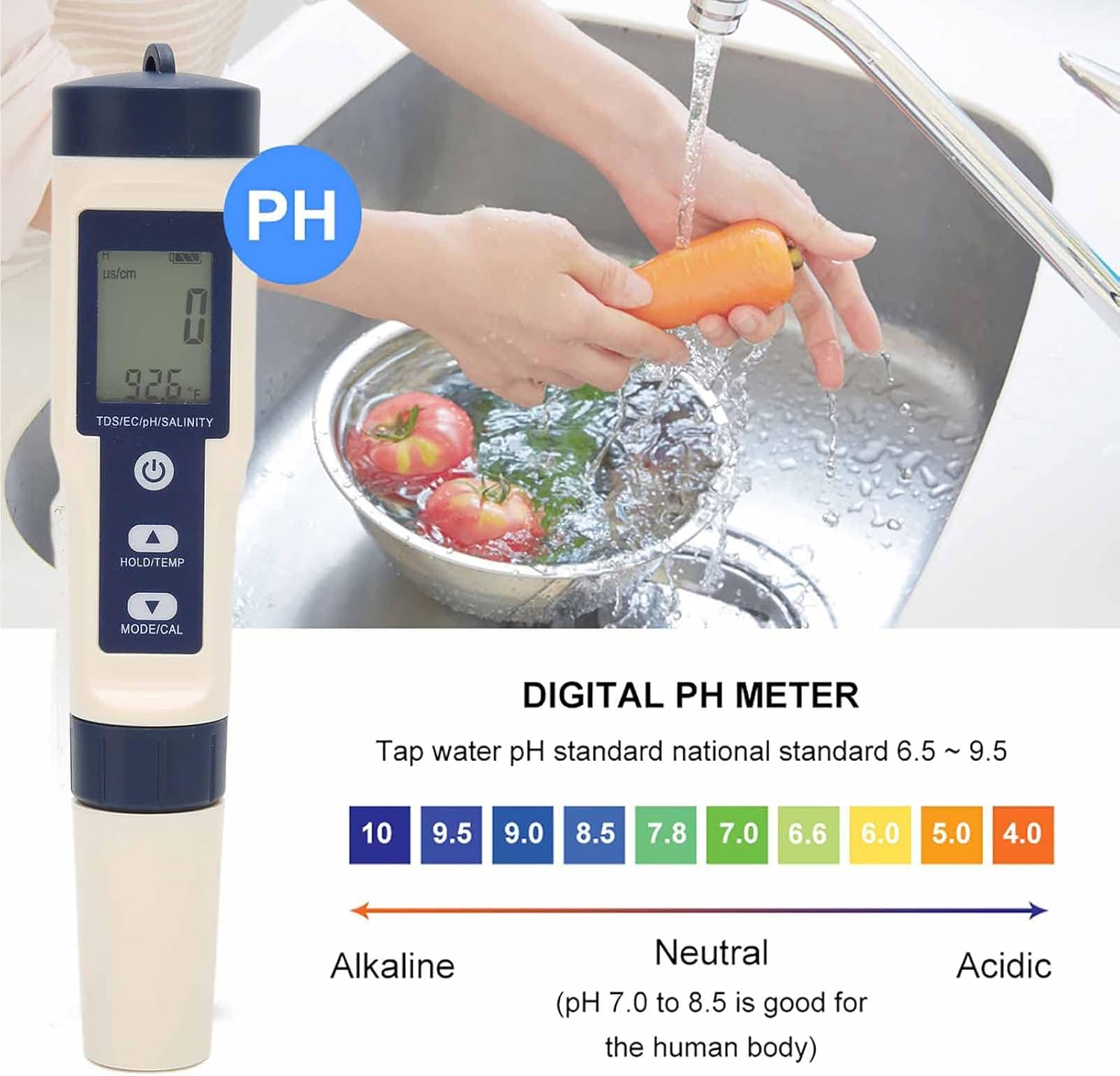 Ein digitales pH-Meter steht neben einem Waschbecken, in dem Hände eine Karotte waschen.