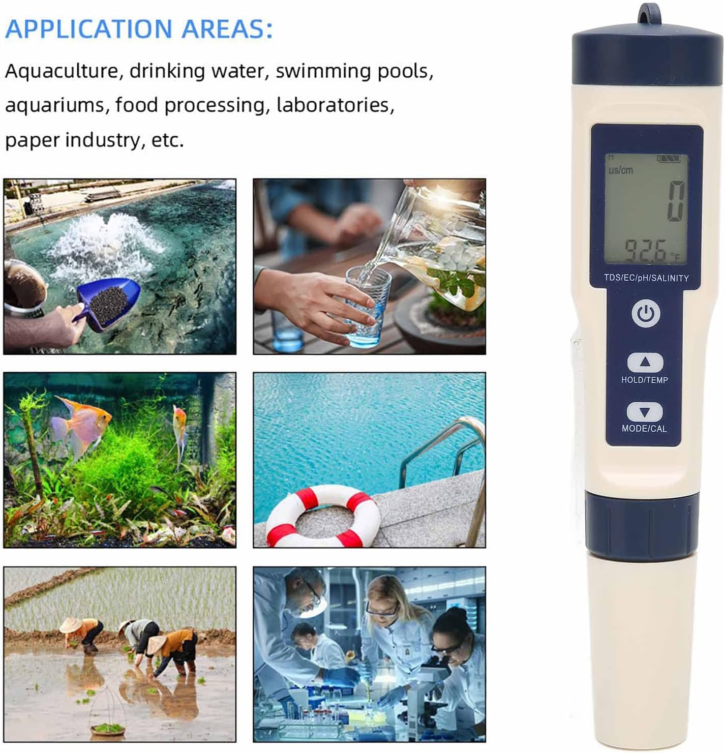Digitale Wassertestsonde mit Anwendungsbildern für Aquakultur, Pools und Labore.