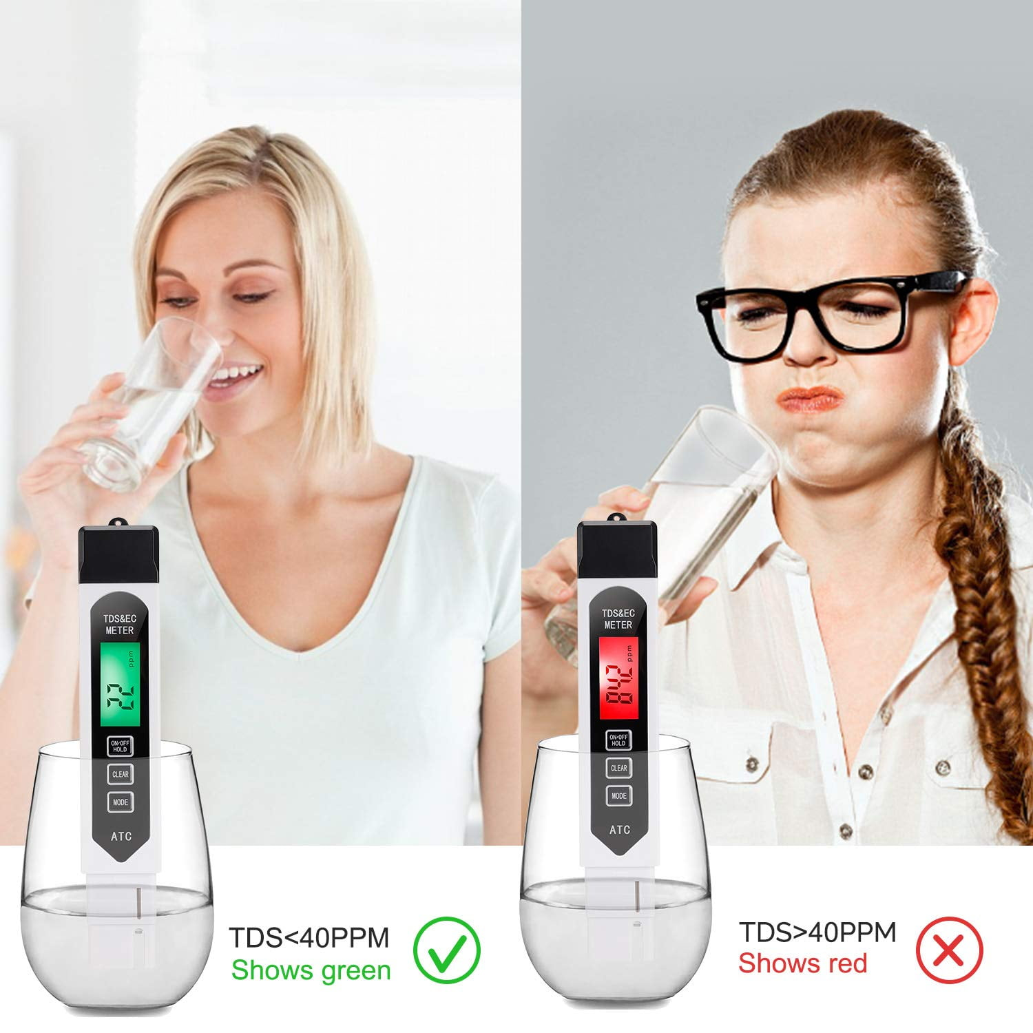 Zwei Frauen mit Wassergläsern und TDS-Messgeräten. Links ein grünes Display für reines Wasser, rechts rot für unreines Wasser.