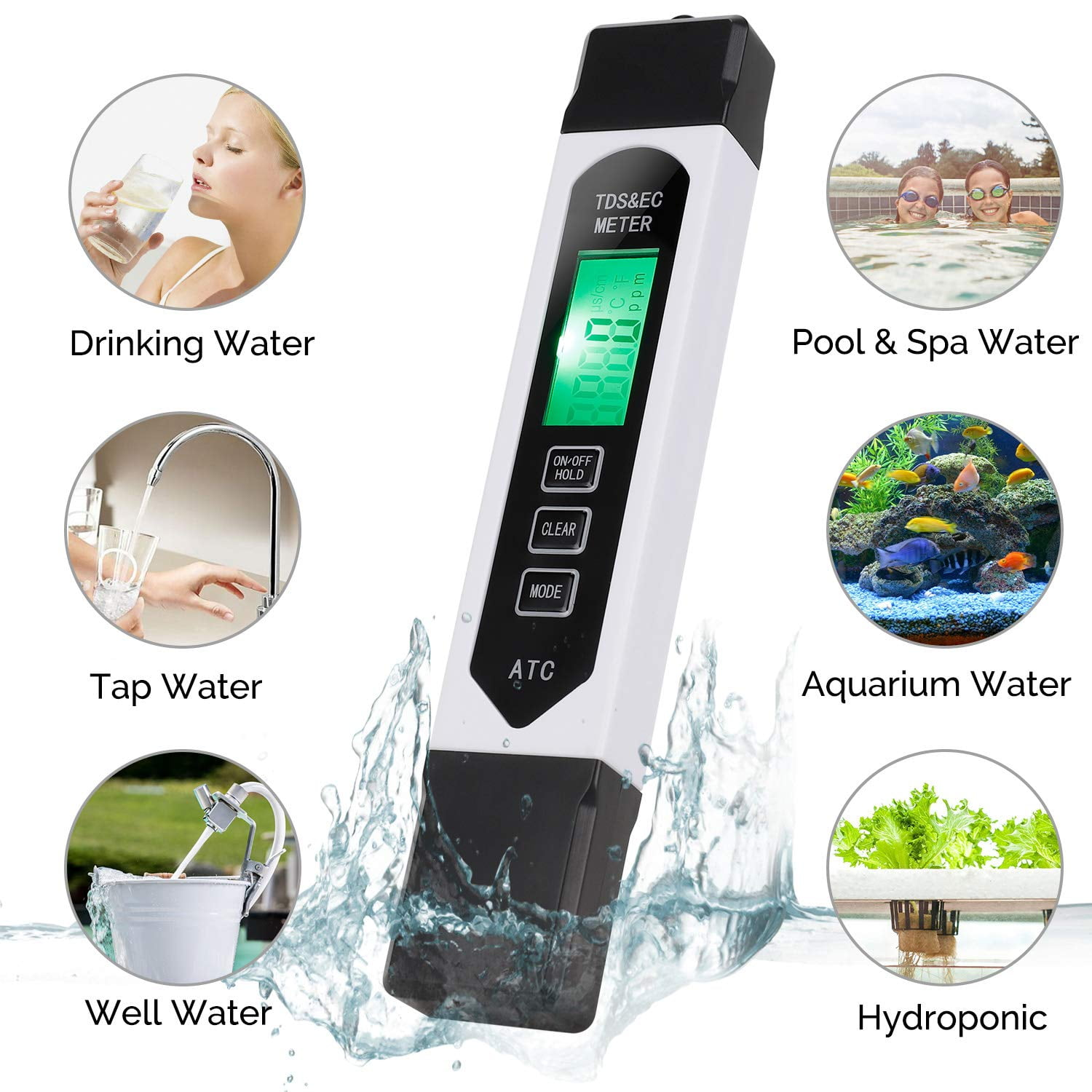 Ein weißes TDS- und EC-Messgerät mit digitalem Display, umgeben von Icons für verschiedene Wasseranwendungen.