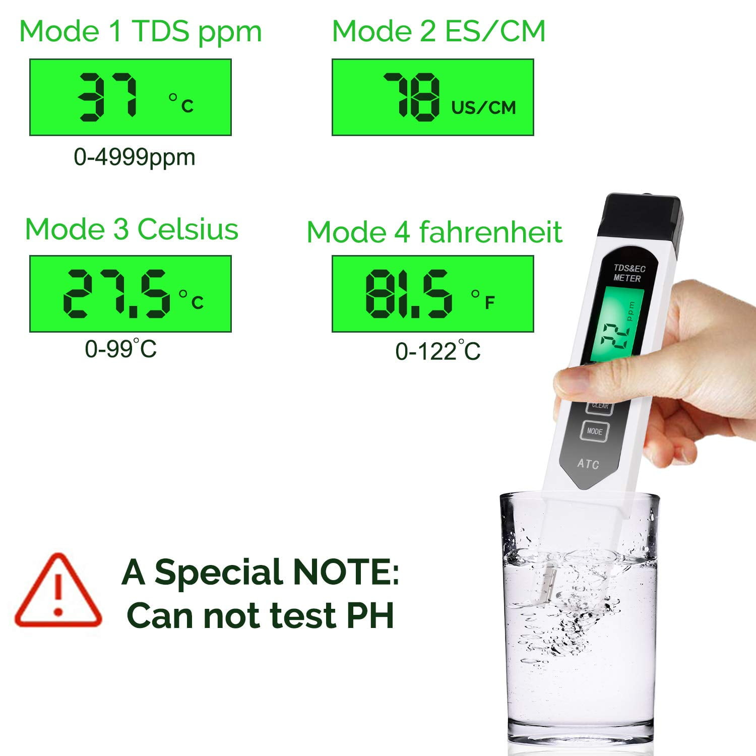 Eine Hand hält ein TDS- und EC-Messgerät beim Wassertest im Glas, mit vier Modi und Warnhinweis.