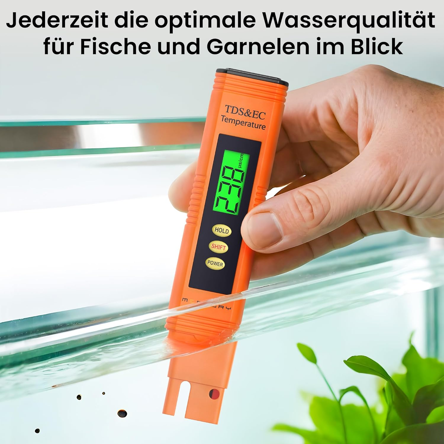 Eine Hand hält ein orangefarbenes TDS-Messgerät über ein Aquarium mit grünem Wasser.