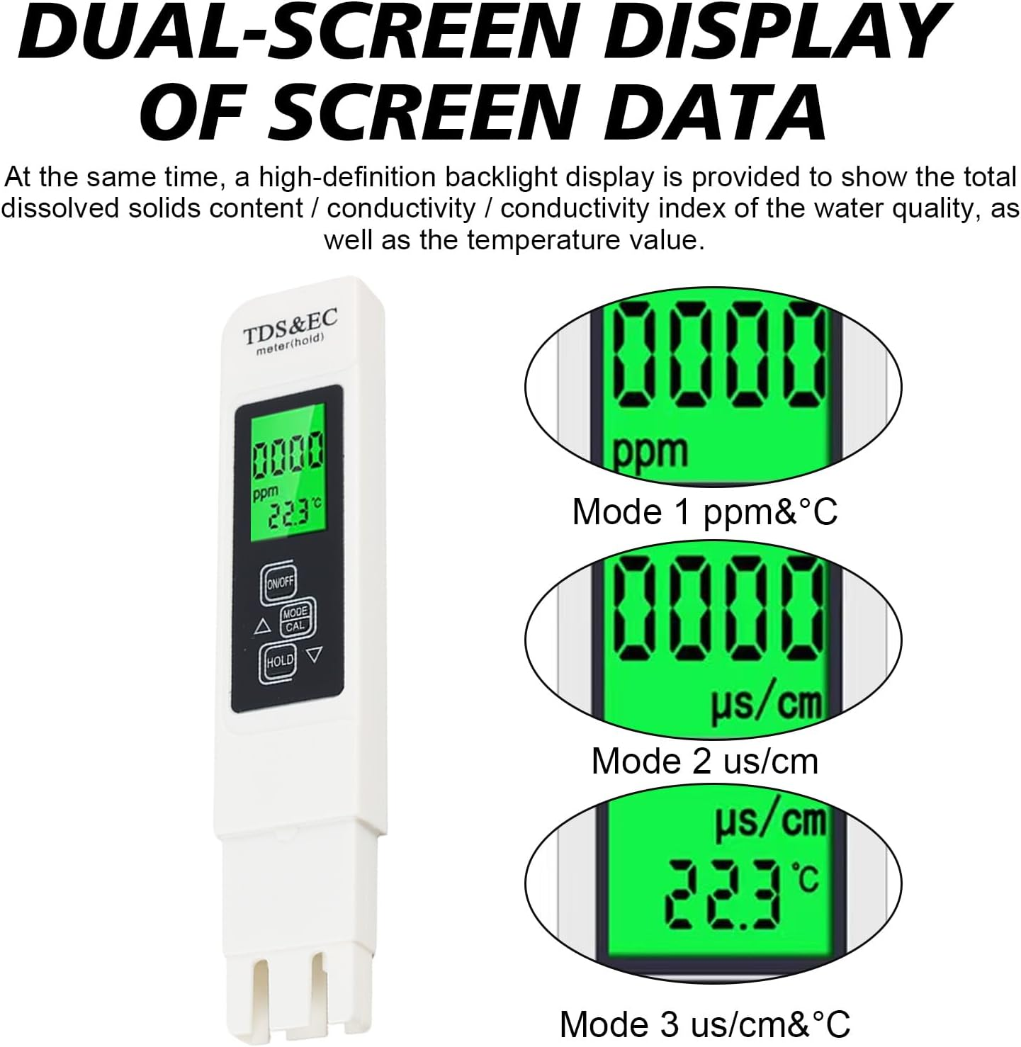 Ein TDS- und EC-Wasserzähler mit Doppebildschirm für ppm, us/cm und Temperatur.