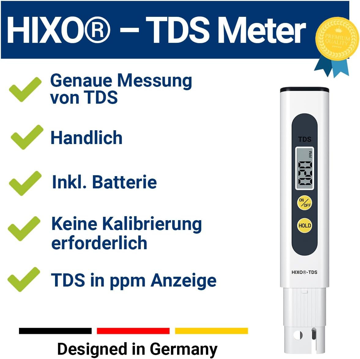 Werbebild für HIXO TDS-Meter mit Produktfeatures auf Deutsch und weißem Messgerät.