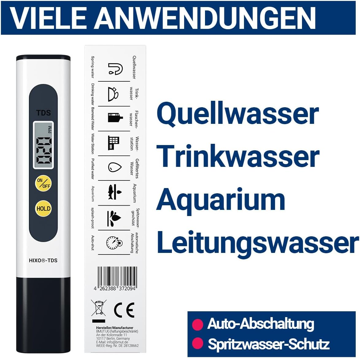 Weißes TDS-Messgerät mit Display und Tasten, daneben Produktverpackung und deutscher Text.