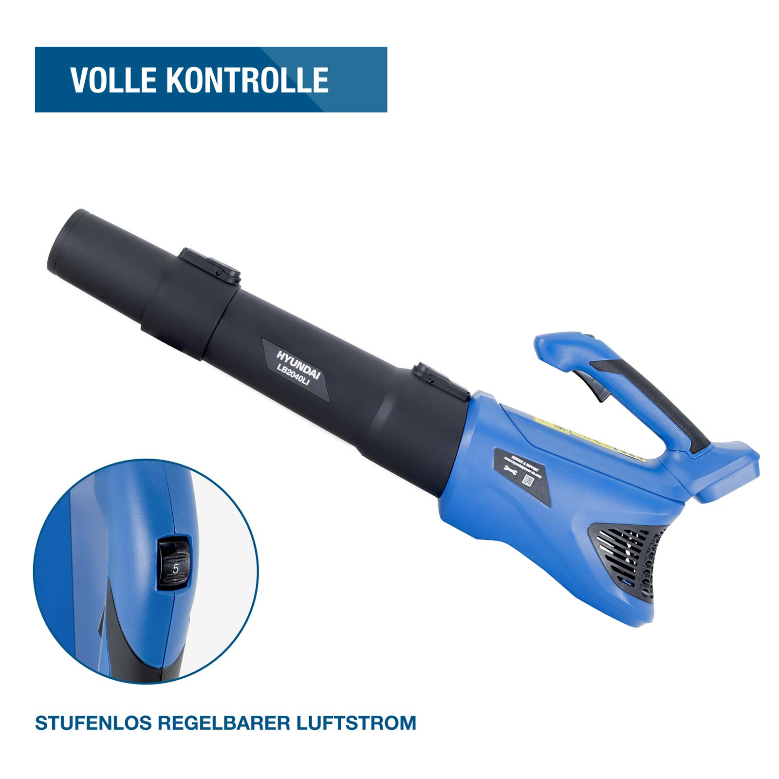 Ein blauer und schwarzer Hyundai Akku-Laubbläser mit stufenlos regelbarem Luftstrom und einem Schalter auf Stufe 5.