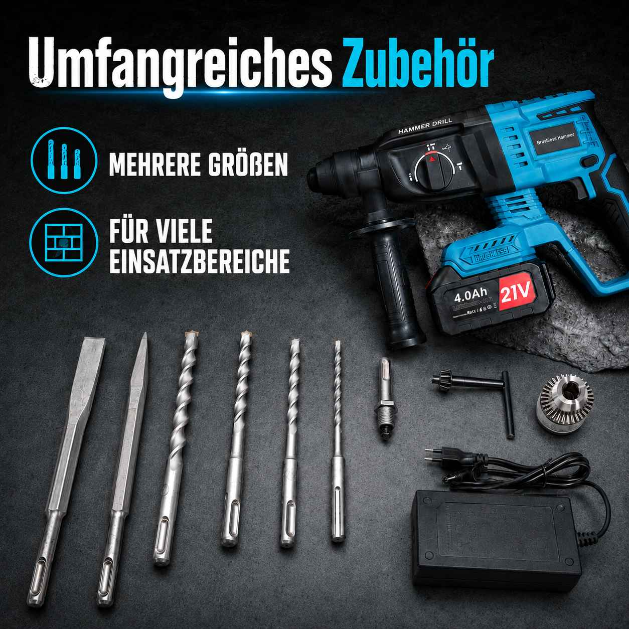 Ein blauer Akku-Bohrhammer mit umfangreichem Zubehör wie Bohrer, Meißel, Akku und Ladegerät auf dunklem Grund.