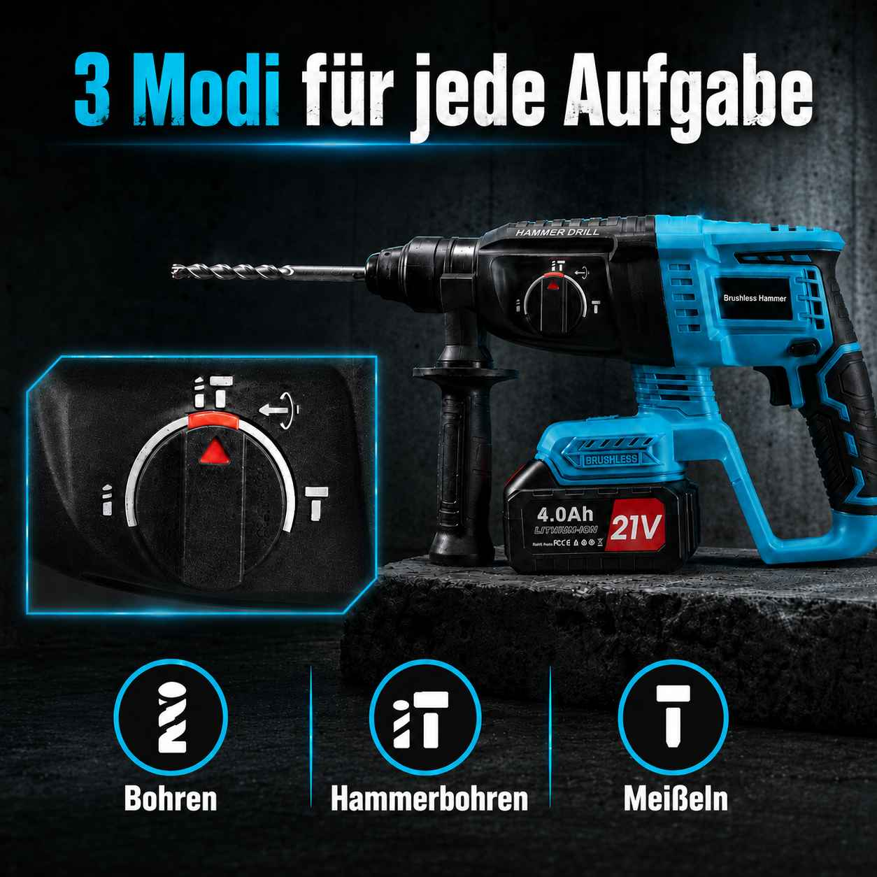Ein blauer und schwarzer Akku-Bohrhammer mit drei Modi: Bohren, Hammerbohren und Meieln, auf einer dunklen Oberfläche.