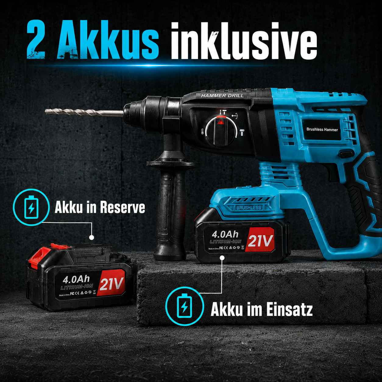 Blaue Akku-Bohrmaschine mit zwei 21V 4.0Ah Batterien auf dunklem Hintergrund.