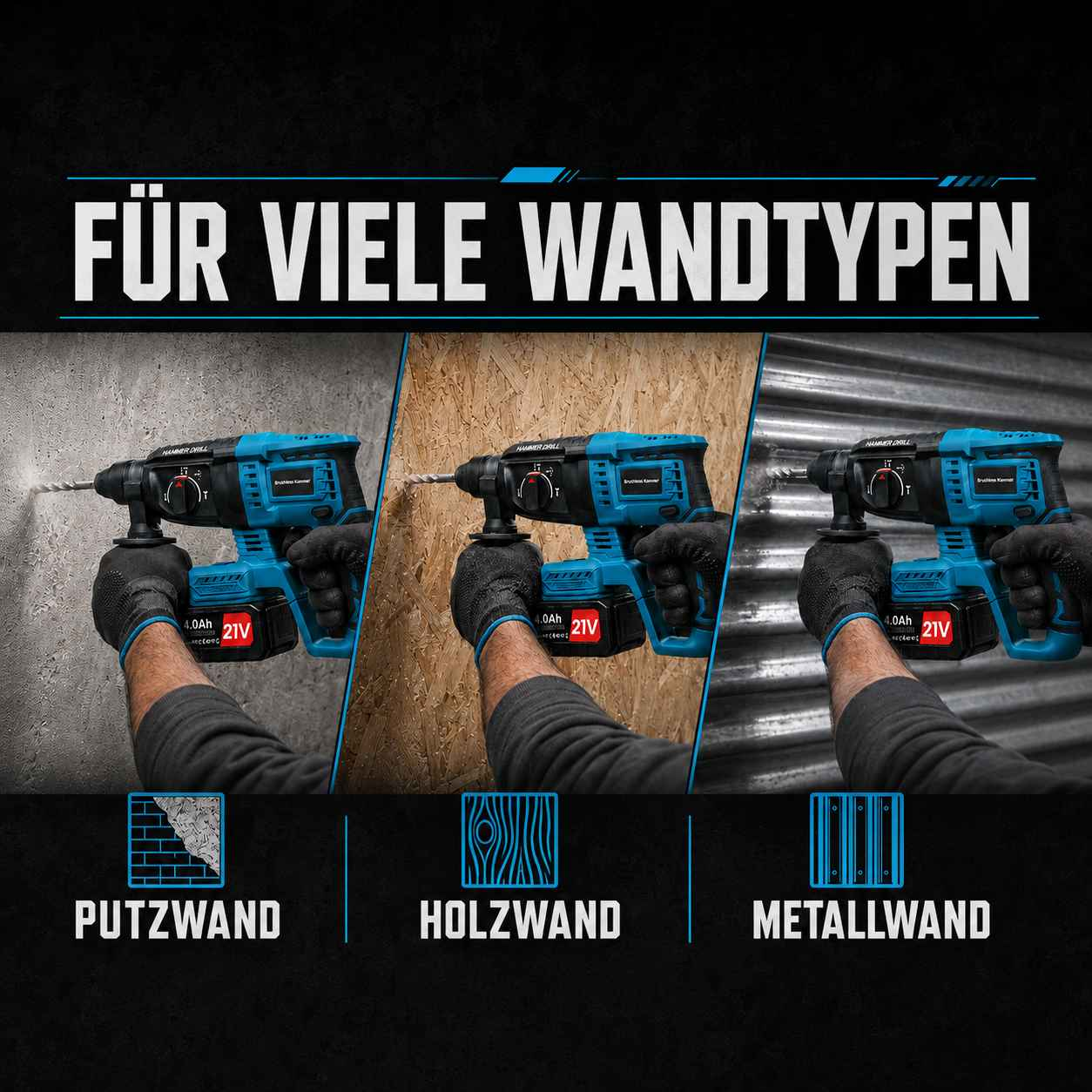 Blaue Akku-Bohrmaschine bohrt in verschiedene Wände wie Putz, Holz und Metall.