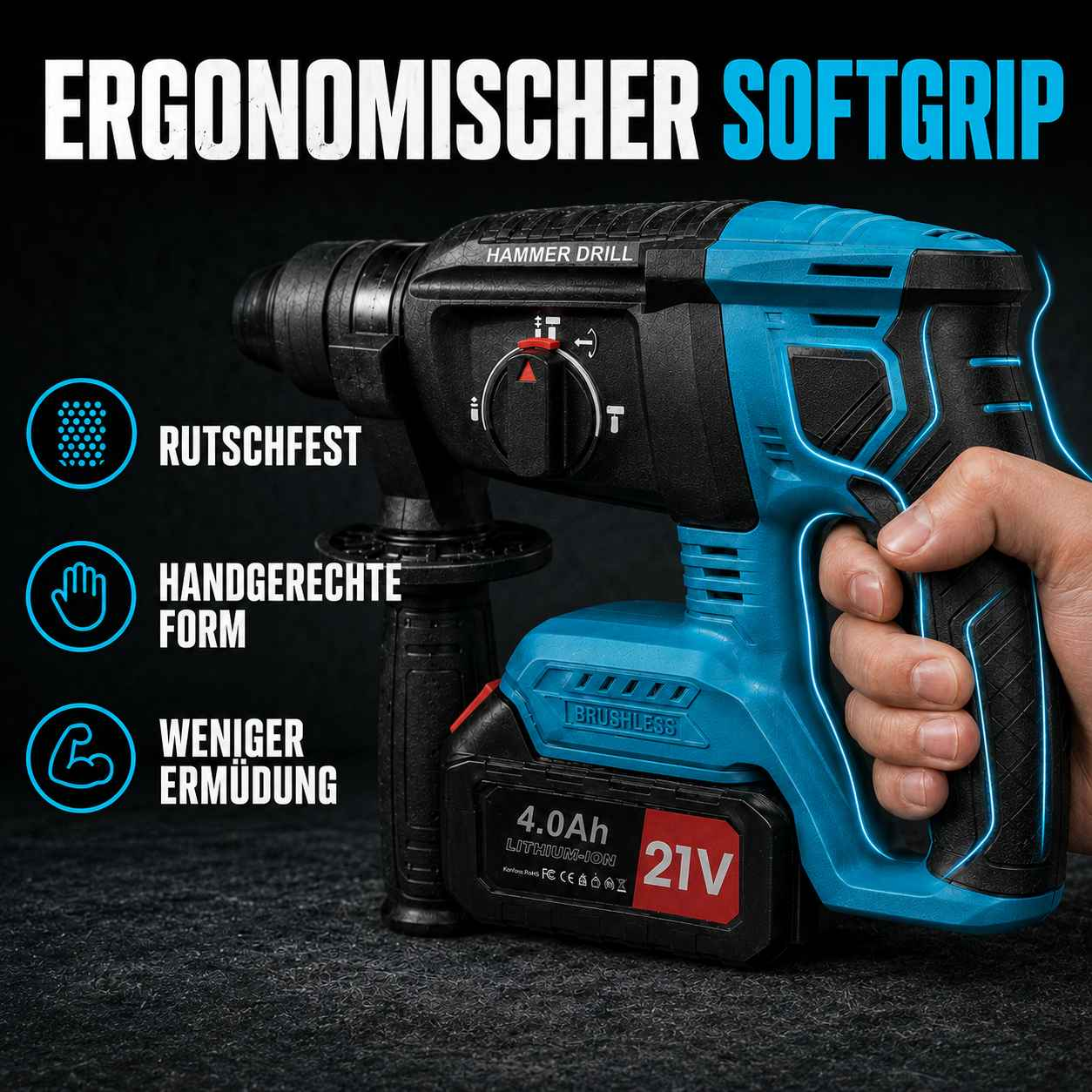 Blaue Akku-Bohrmaschine mit ergonomischem Griff, Text und Symbolen auf dunklem Grund.