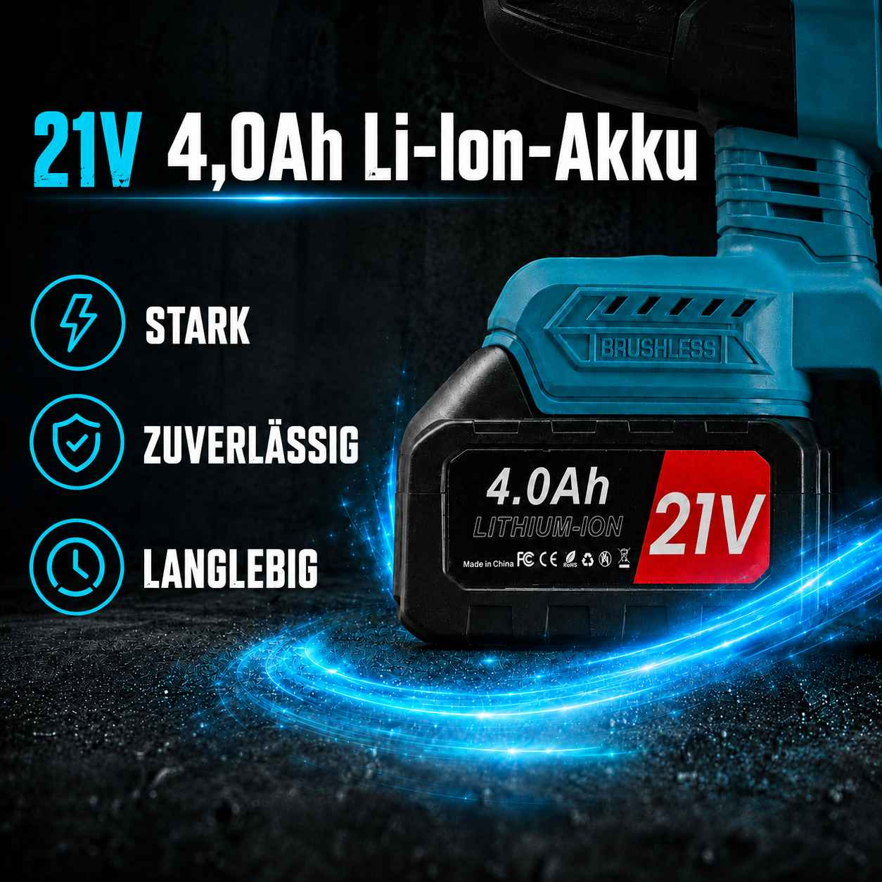 Blaue Akku-Bohrmaschine mit 21V und 4.0Ah Li-Ion-Akku, beschriftet mit stark, zuverlässig und langlebig.