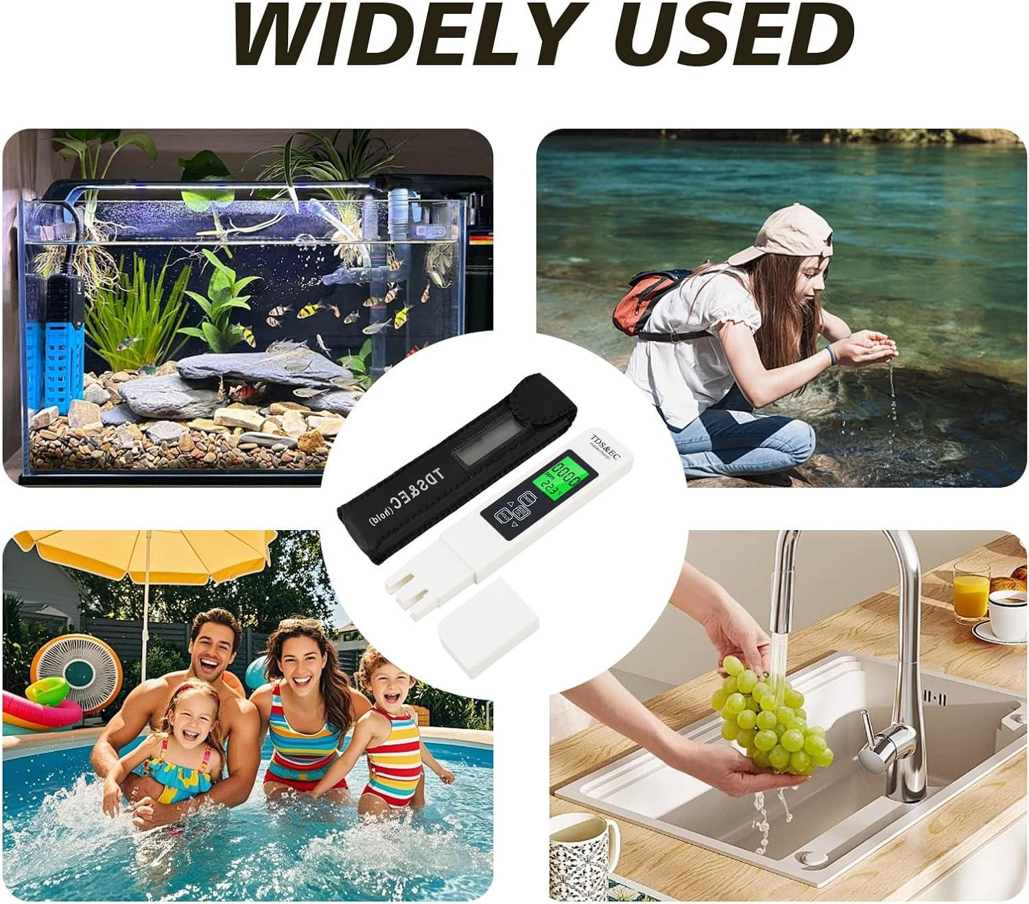Ein Wassertester in der Mitte, umgeben von Bildern eines Aquariums, Flusses, Pools und Traubenwaschens.