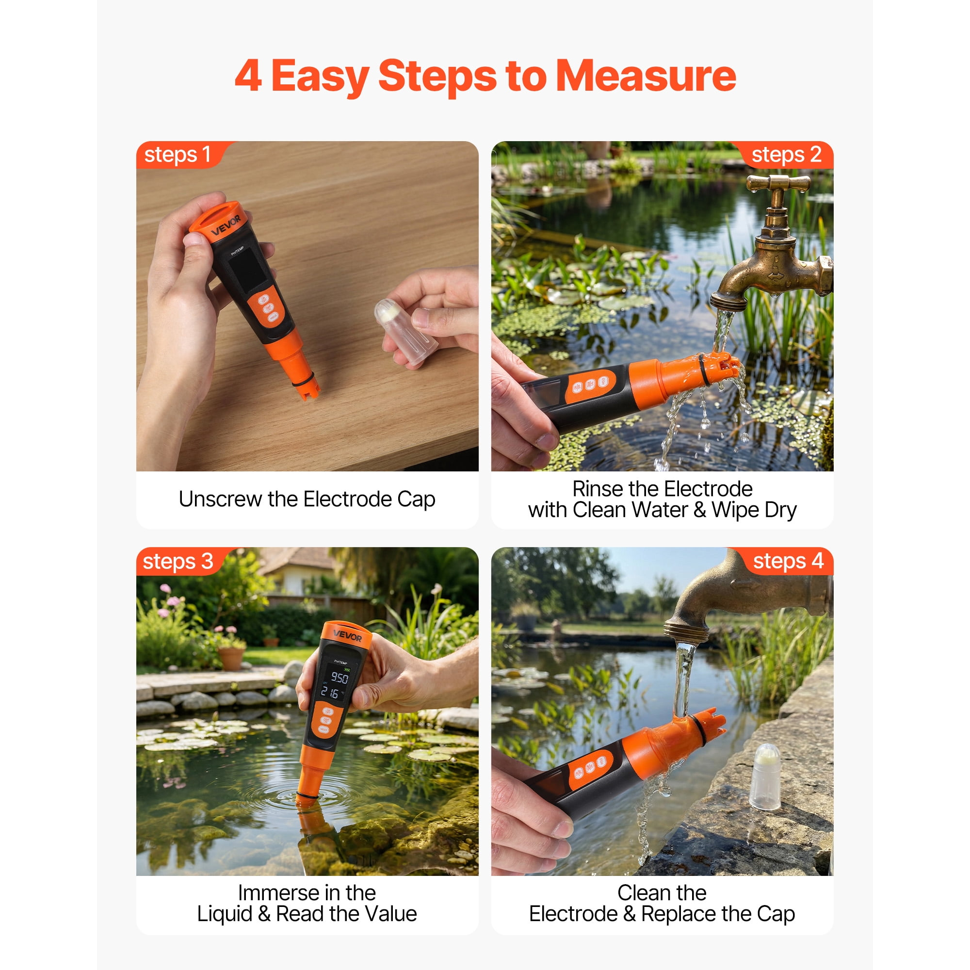 Vier schritteanleitung zur messung mit einem digitalen wasserprüfgerät in einem garten.