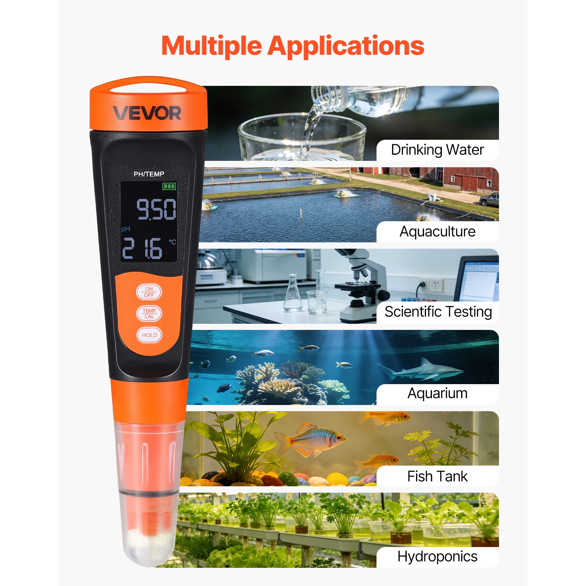 Ein VEVOR pH-Meter mit digitalen Werten und sechs Bildern, die verschiedene Anwendungen wie Aquarien und Hydrokultur zeigen.