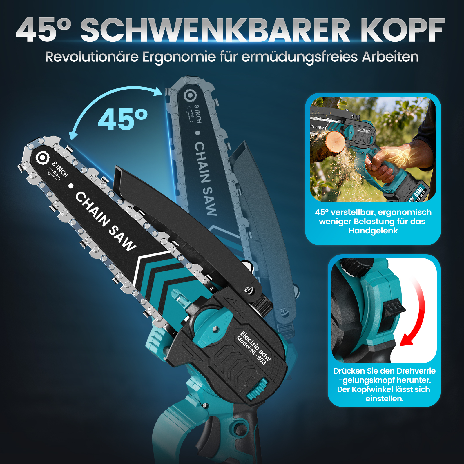 Eine Akku-Kettensäge mit 45 Grad schwenkbarem Kopf und ergonomischem Design.