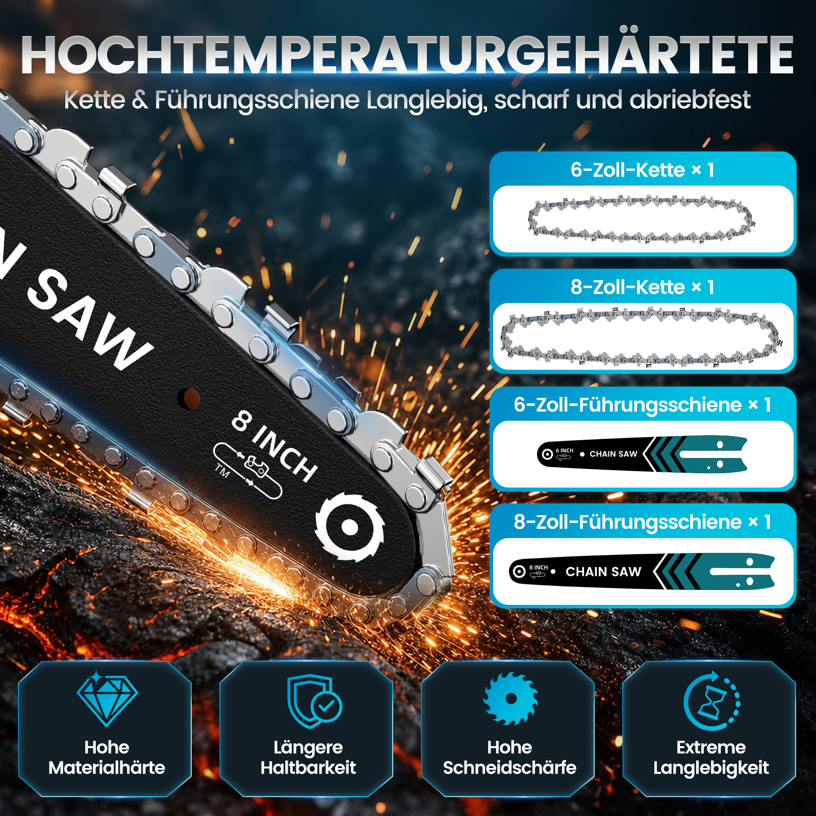 Eine Kettensäge schneidet Holz, begleitet von Funken und Produktgrafiken für 6- und 8-Zoll-Schienen und -Ketten.