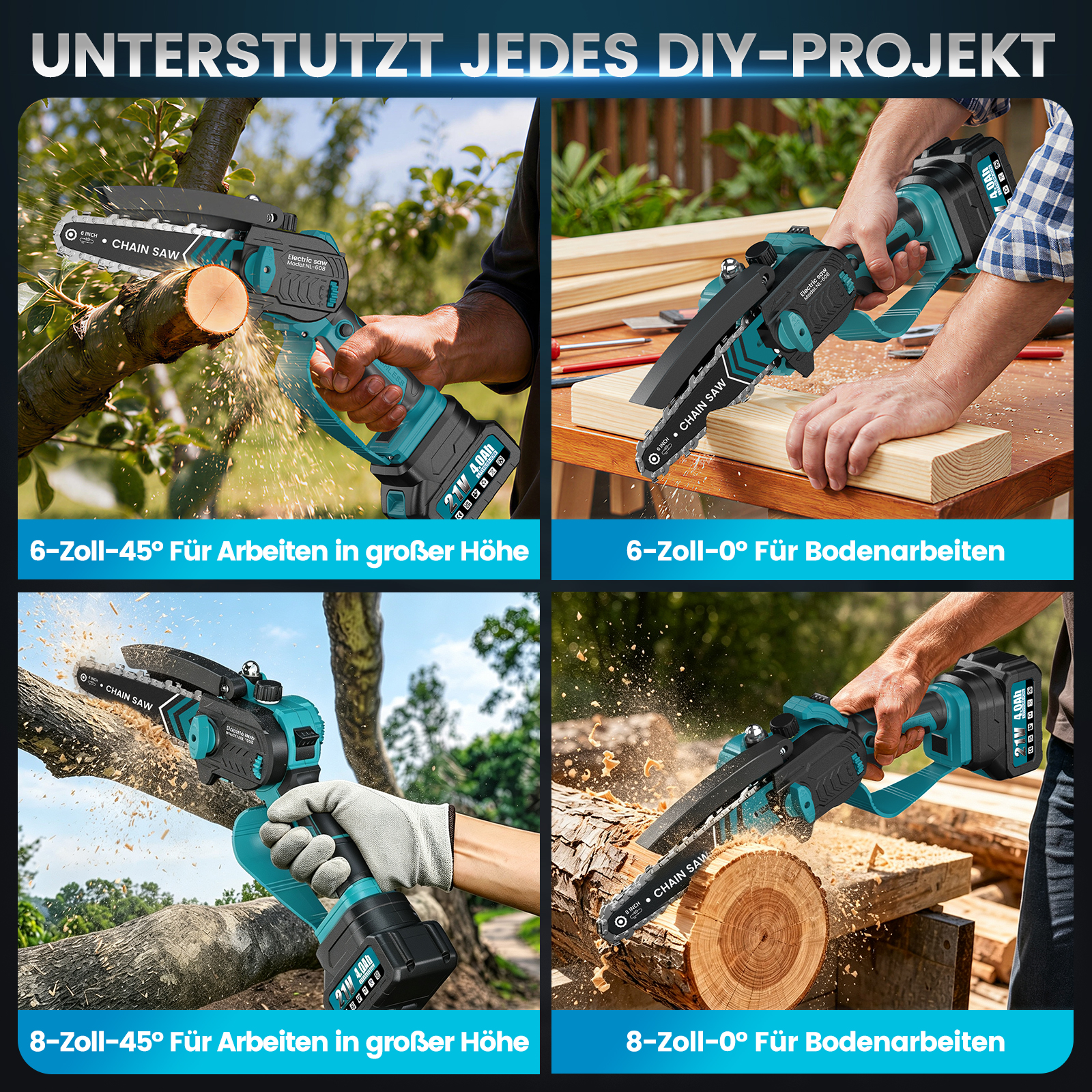 Vier Bilder zeigen eine akkubetriebene Mini-Kettensäge bei verschiedenen Holzarbeiten im Freien und in der Werkstatt.