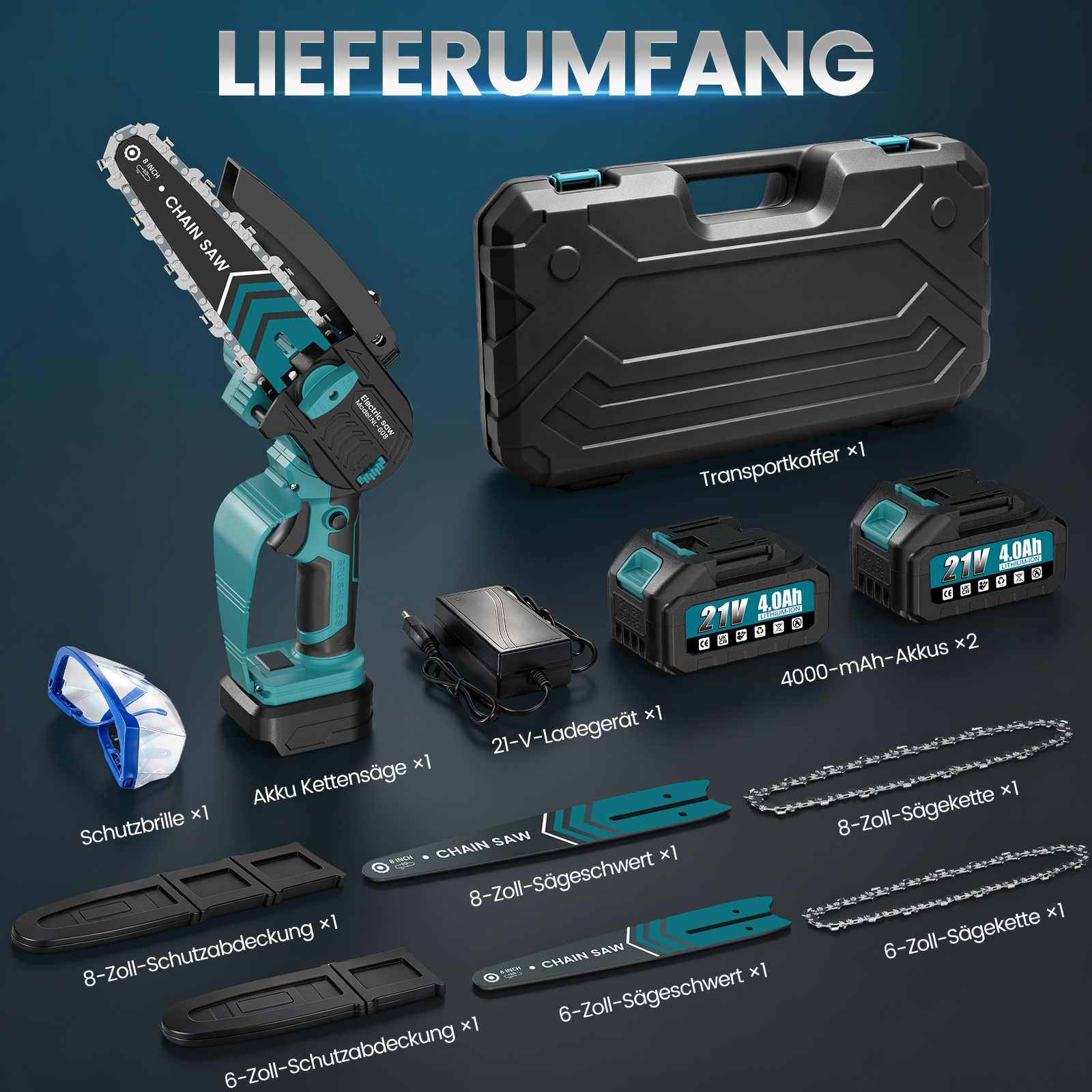 Lieferumfang einer elektrischen Kettensäge mit Koffer, Akkus, Ladegerät, Sägeblättern, Kette und Schutzbrille.