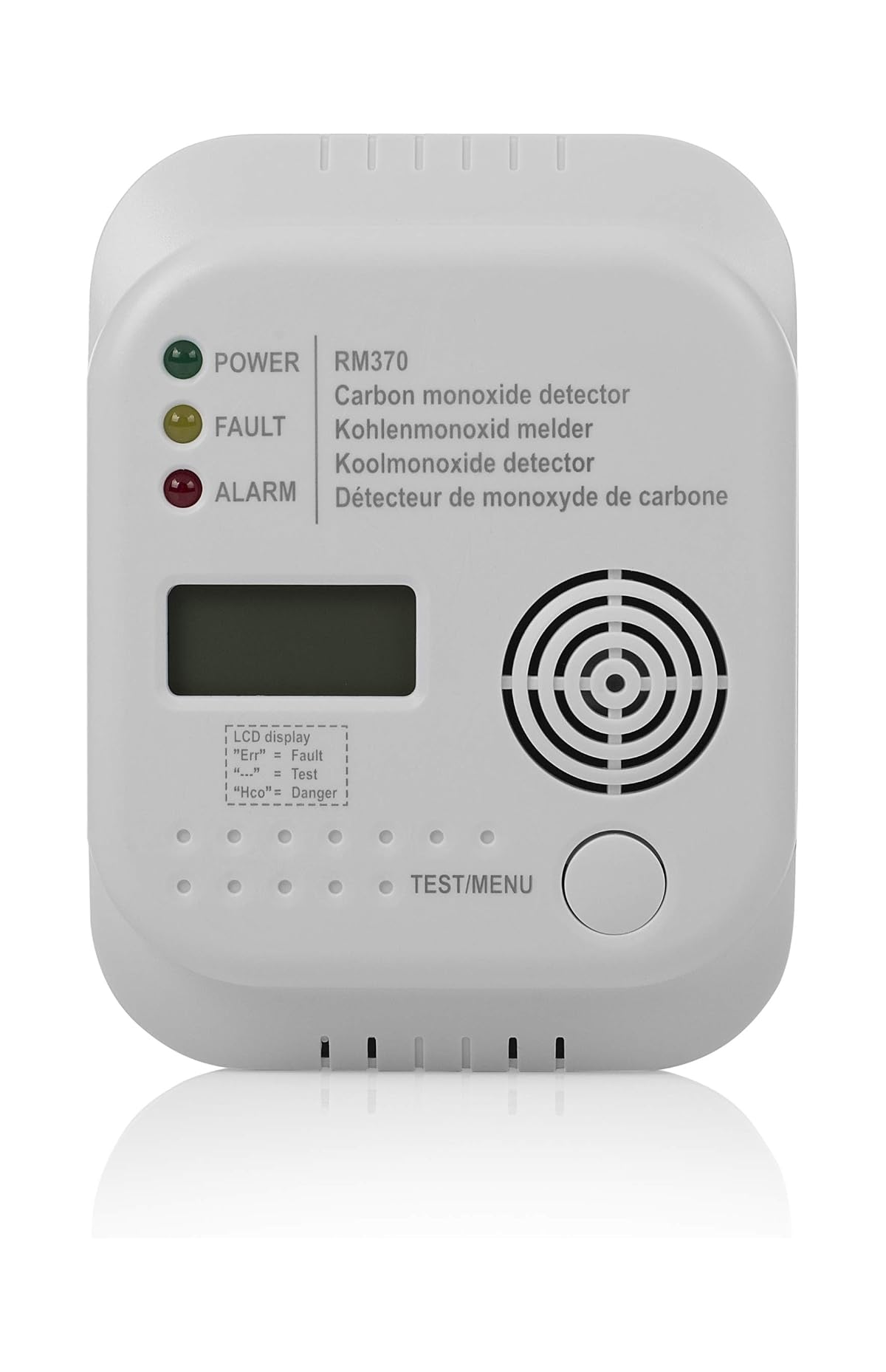Ein weißer Kohlenmonoxidmelder mit LED-Anzeigen, Display, Lautsprecher und Testtaste auf weißem Hintergrund.