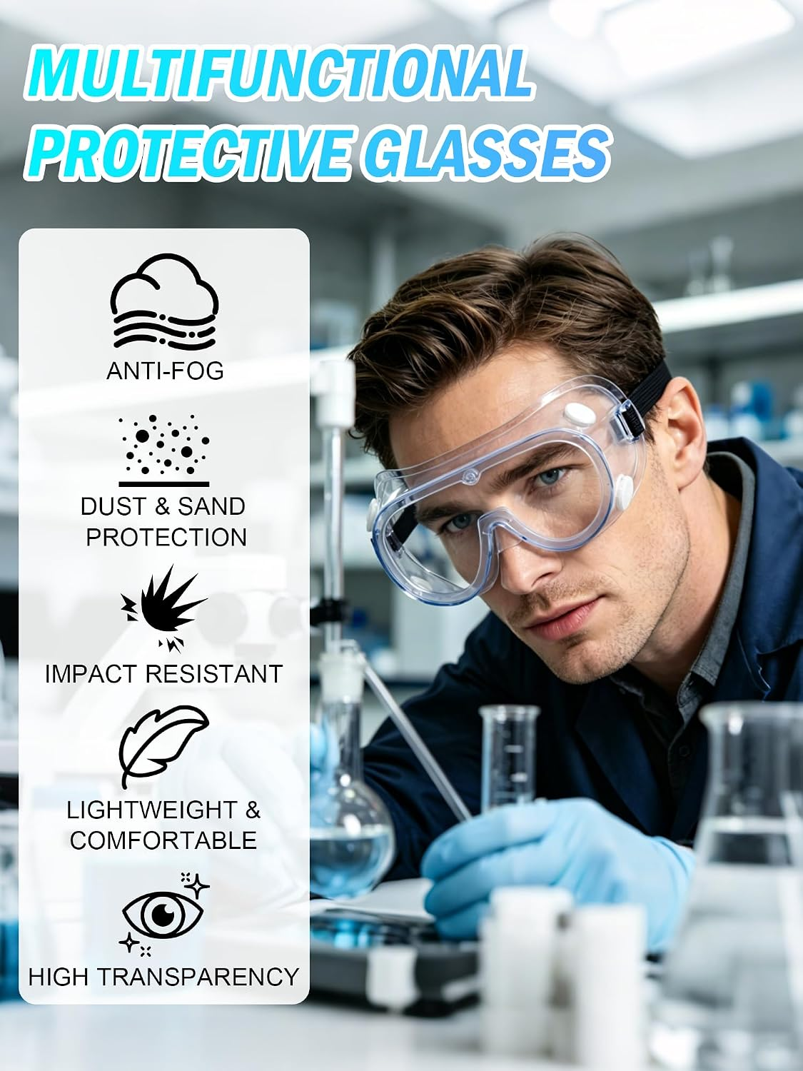 Ein Wissenschaftler mit Schutzbrille arbeitet im Labor; Symbole zeigen Anti-Beschlag-, Staub- und Schlagschutz.