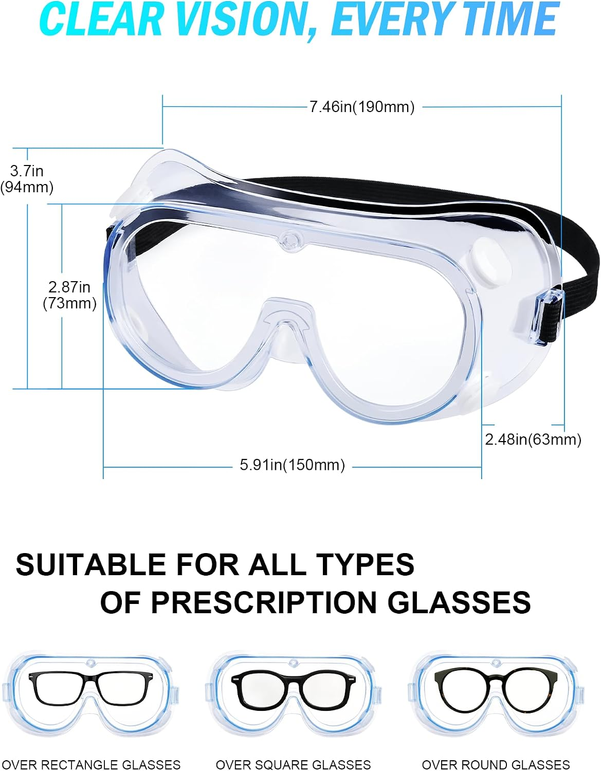 Schutzbrille mit Maßen und Abbildungen für Korrektionsbrillen.