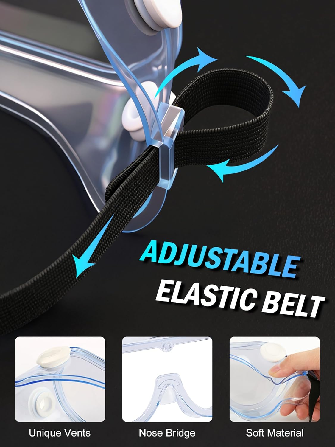 Nahaufnahme einer Schutzbrille mit verstellbarem Gummiband, Belüftung, Nasensteg und weichem Material.
