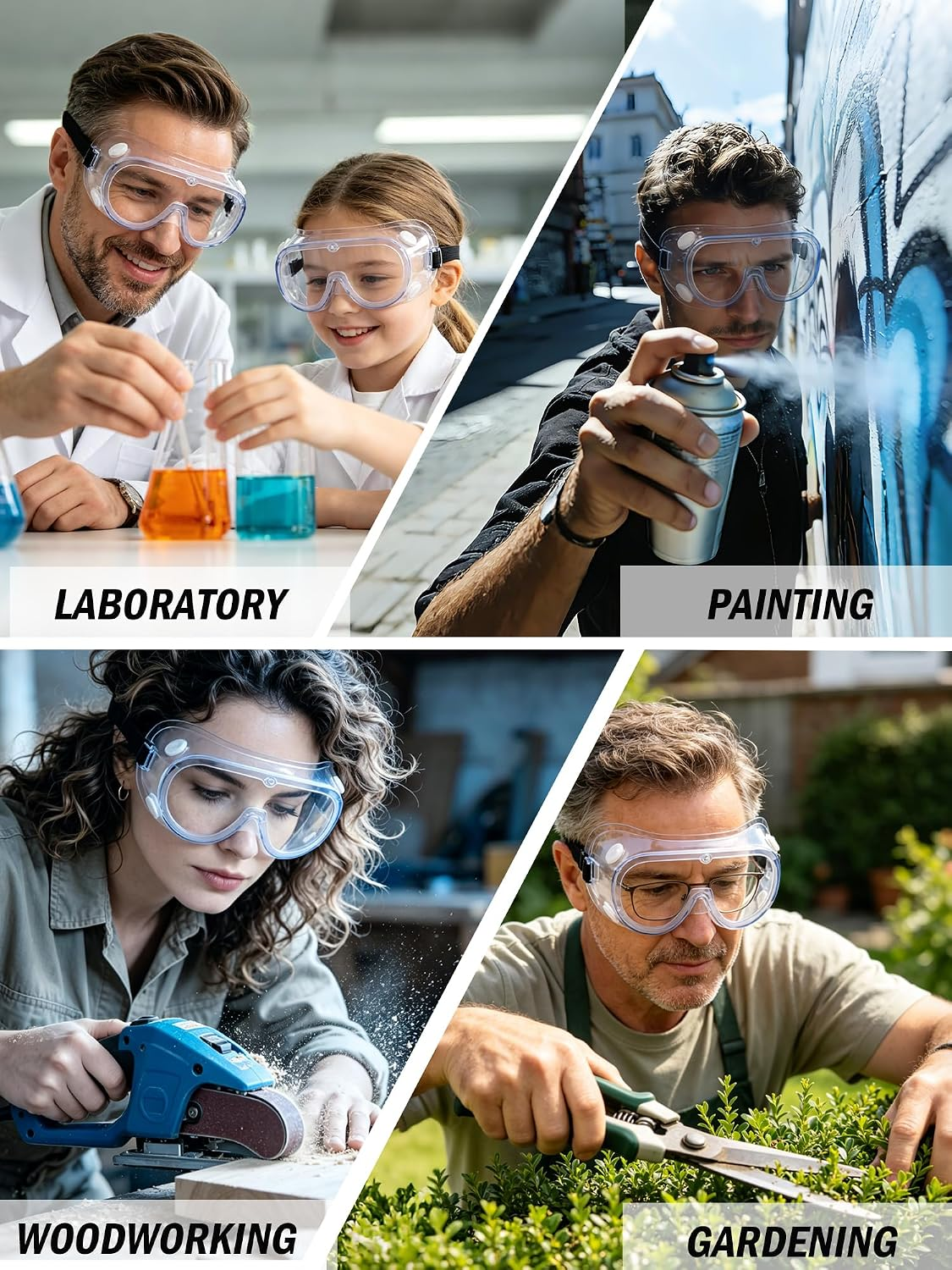 Vier Bilder zeigen Menschen mit Schutzbrillen bei Laborarbeit, Sprühlackieren, Holzarbeiten und Gartenarbeit.