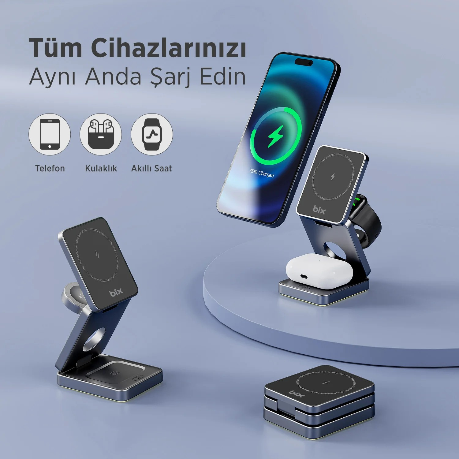 Katlanabilir gri kablosuz şarj istasyonu akıllı telefon, kulaklık ve akıllı saati aynı anda şarj ediyor.