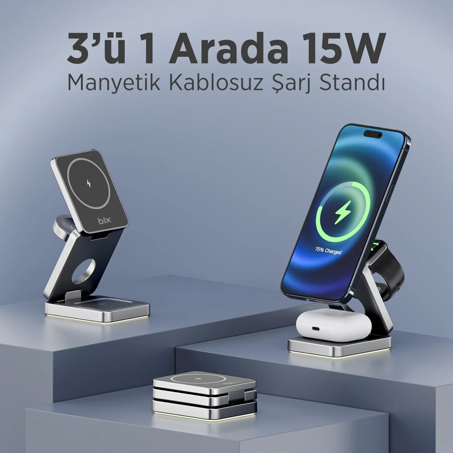 Akıllı telefon, saat ve kulaklık tutan katlanabilir 3'ü 1 arada 15W manyetik kablosuz şarj standı.