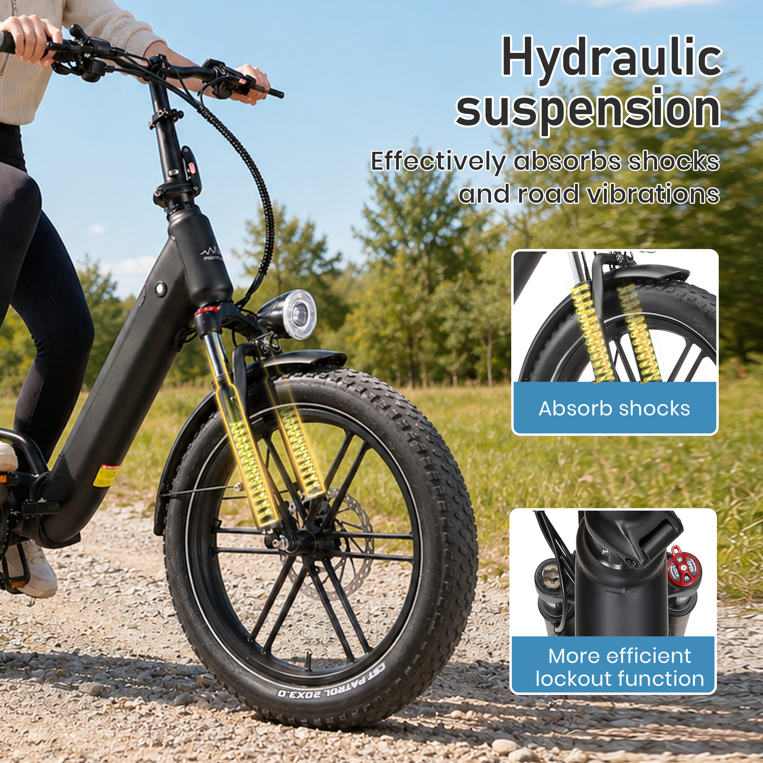 Ein E-Bike auf einem Schotterweg mit hervorgehobener Hydraulikfederung.