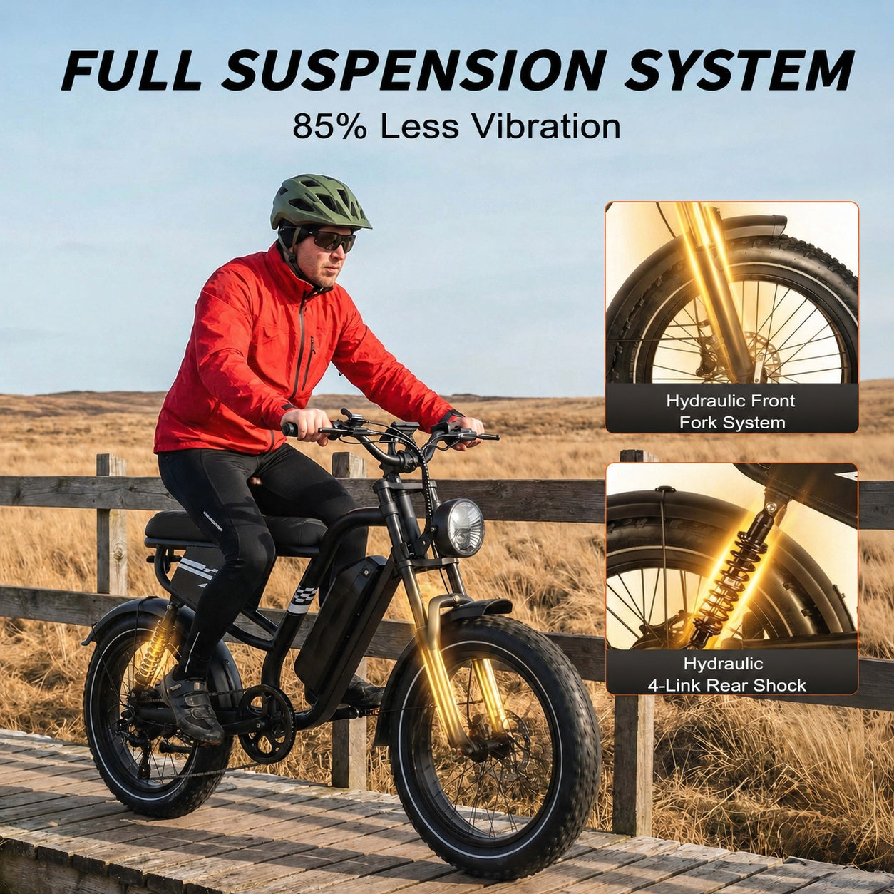 Ein Mann fährt ein E-Bike auf einer Holzbrücke mit Details zur hydraulischen Federung.