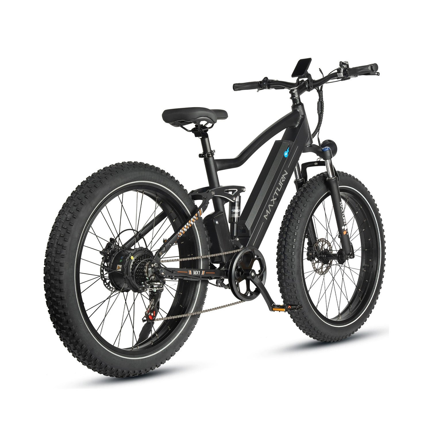 Ein schwarzes E-Mountainbike mit dicken Reifen, Vollfederung und einem integrierten Rahmenakku.