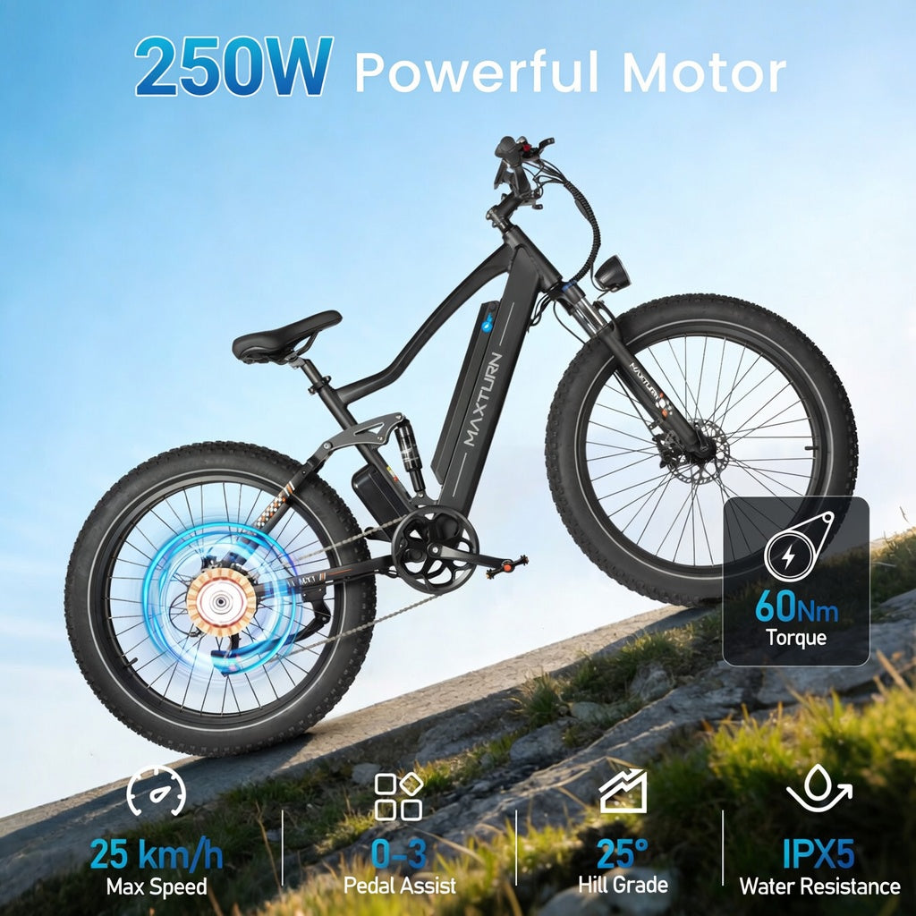 Ein schwarzes E-Mountainbike auf einer asphaltierten Steigung mit 250W Motor, 60Nm Drehmoment und Merkmalen.