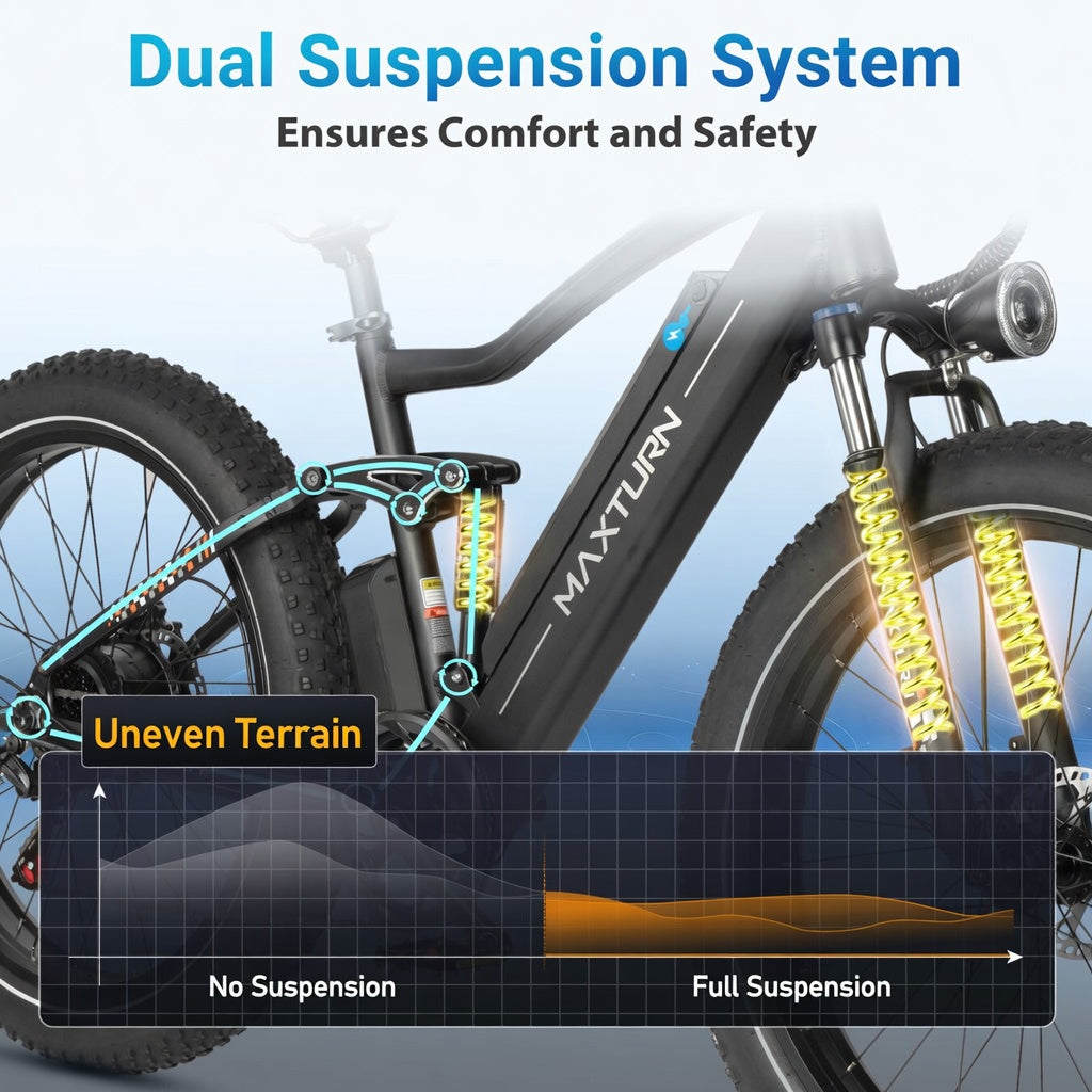 Ein schwarzes E-Bike mit dualem Federungssystem zeigt Vorder- und Hinterradfedern sowie ein unebenes Terrain-Diagramm.