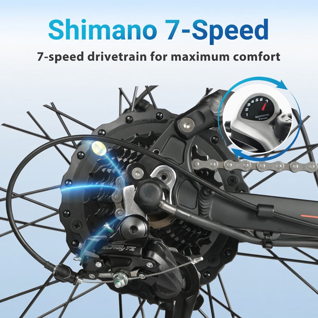 Shimano 7-Gang-Schaltwerk mit integriertem Motor und Nahaufnahme des Gangschalters.