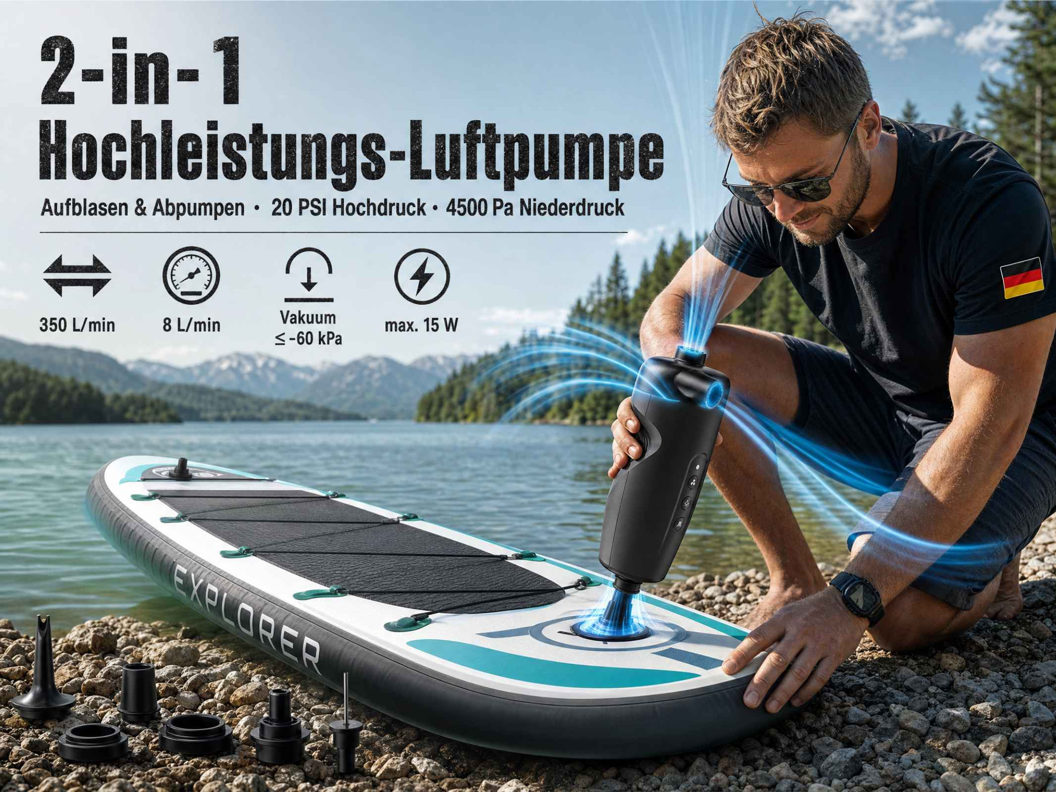 Ein Mann benutzt eine tragbare elektrische Luftpumpe, um ein SUP an einem Bergsee aufzublasen.