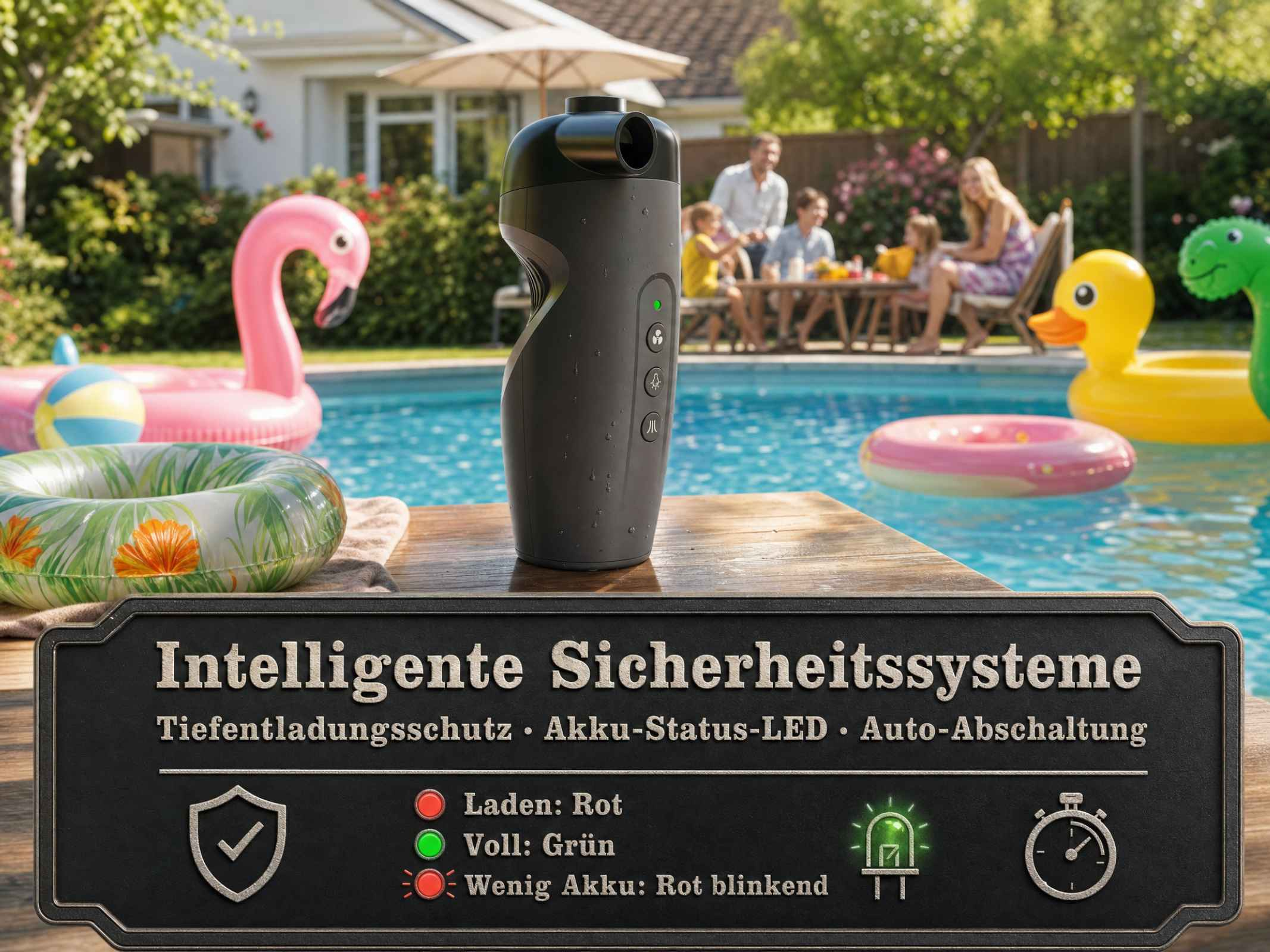 Schwarze elektrische Luftpumpe an einem Swimmingpool mit aufblasbarem Spielzeug und Texttafel.