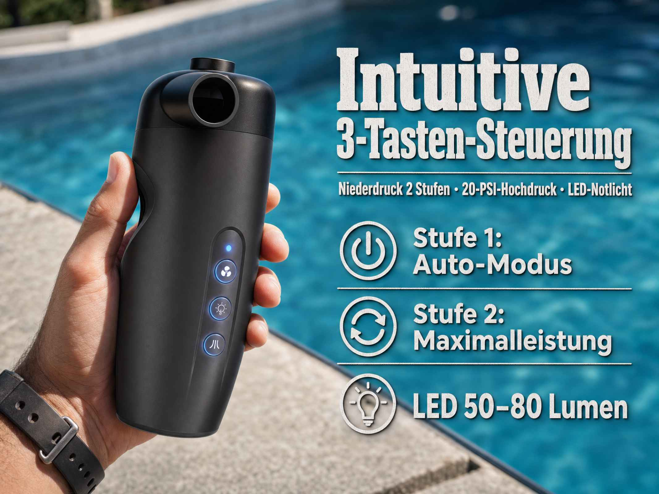 Hand hält schwarze elektrische Luftpumpe vor Swimmingpool mit deutscher Funktionsbeschreibung.